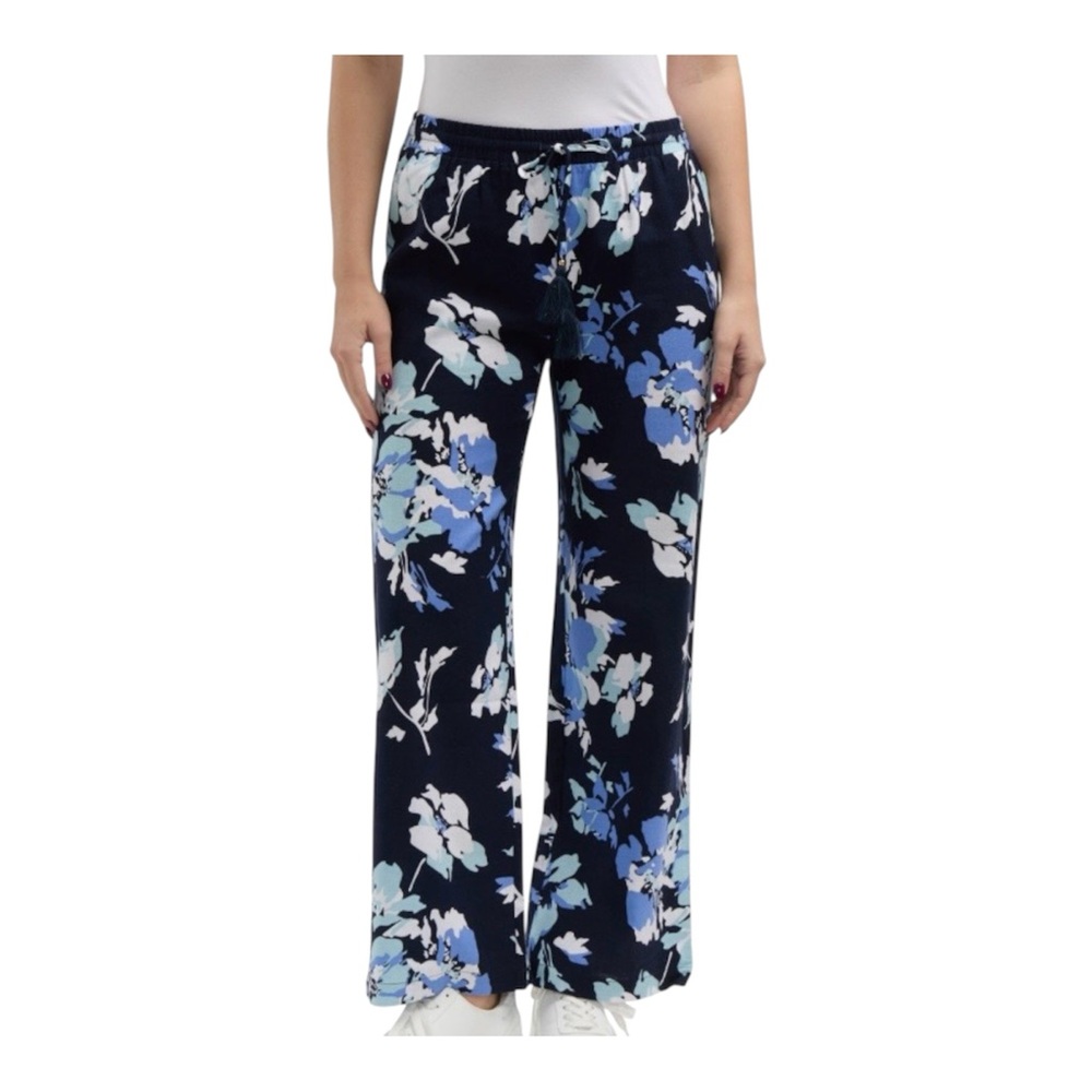 Ellen Tracy Women's Size S Linen Blend Navy Bouquet Print Wide Leg Pants Slacks